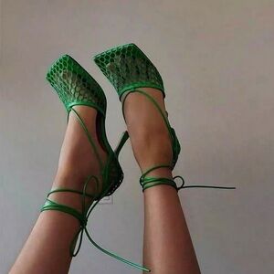 L’intervalle Square Toe Green Fishnet Lace up Heels